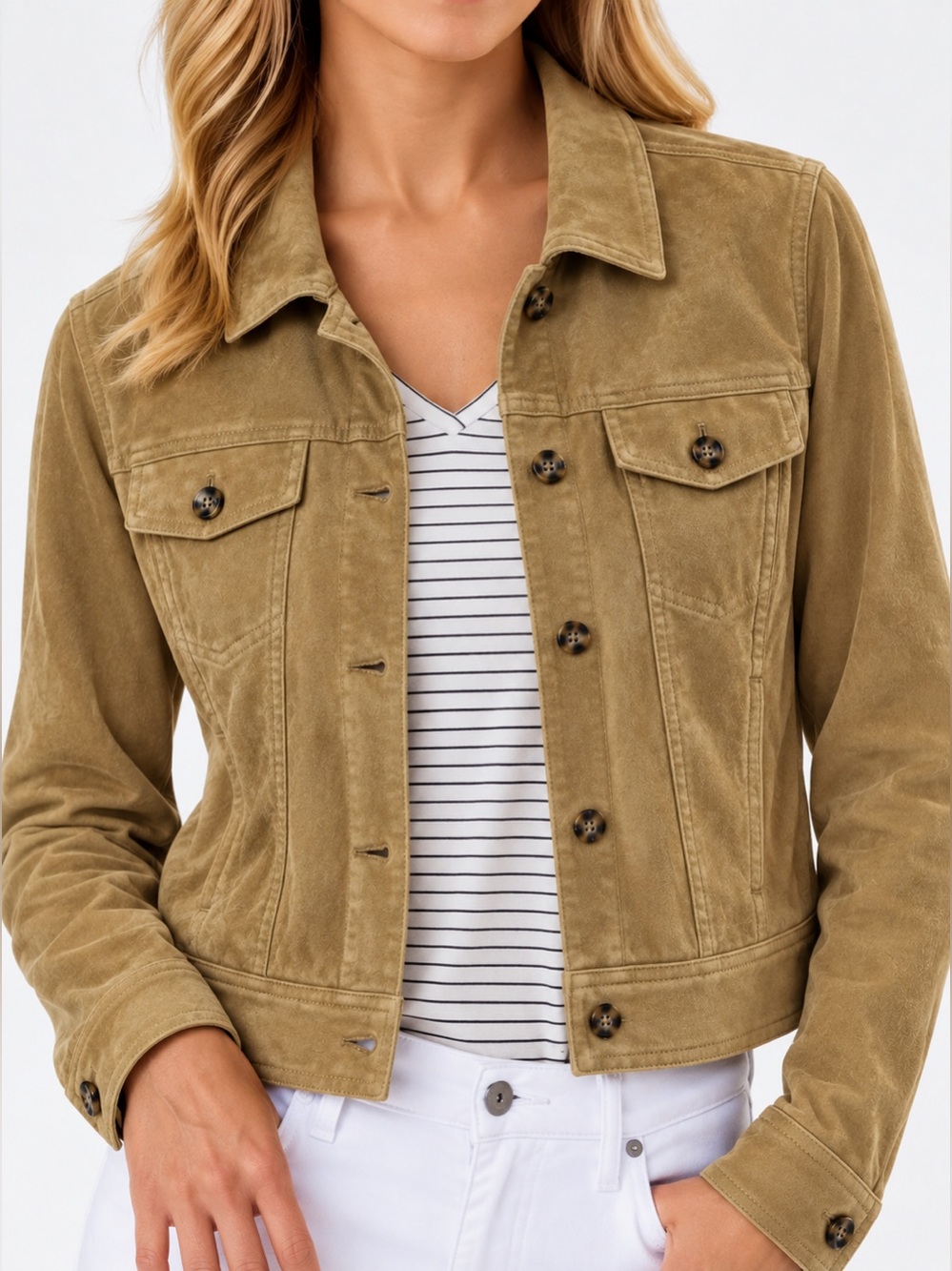 Tommy Bahama Salina Camel
Faux Suede Jean Trucker Jacket Medium